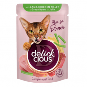 Крем супа за котки DELICKCIOUS Lamb and chiken with green beans in jelly с парченца агнешко, пилешко и зелен фасул